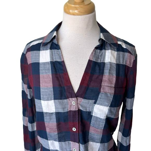 PAIGE Neve Button-Down Plaid Shirt  Burgundy Size SMALL NWT - Picture 7 of 13